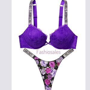 Victorias Secret Set Rhinestone Strap Bombshell Add-2-Cups Push Up bra Thong